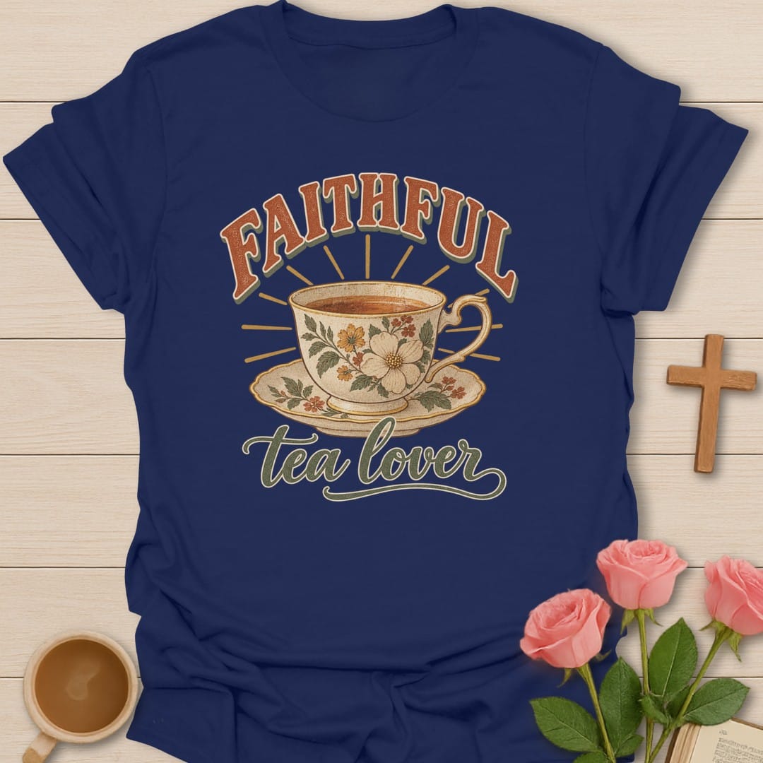 Faithful Tea Lover t-shirt with tea lover lettering and faith-inspired design - Navy