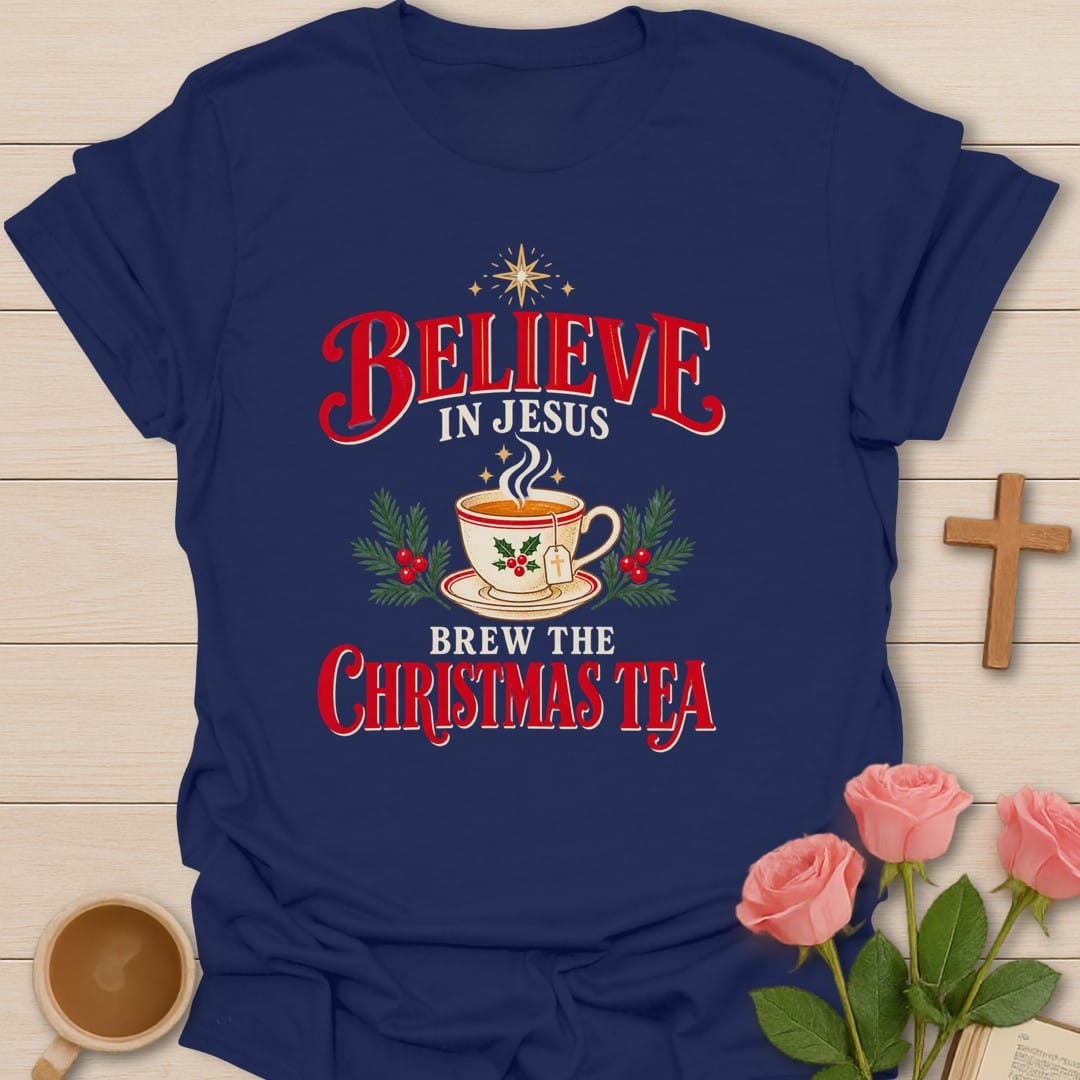 Believe Christmas Tea t-shirt with festive holiday lettering and faith-inspired design - Navy