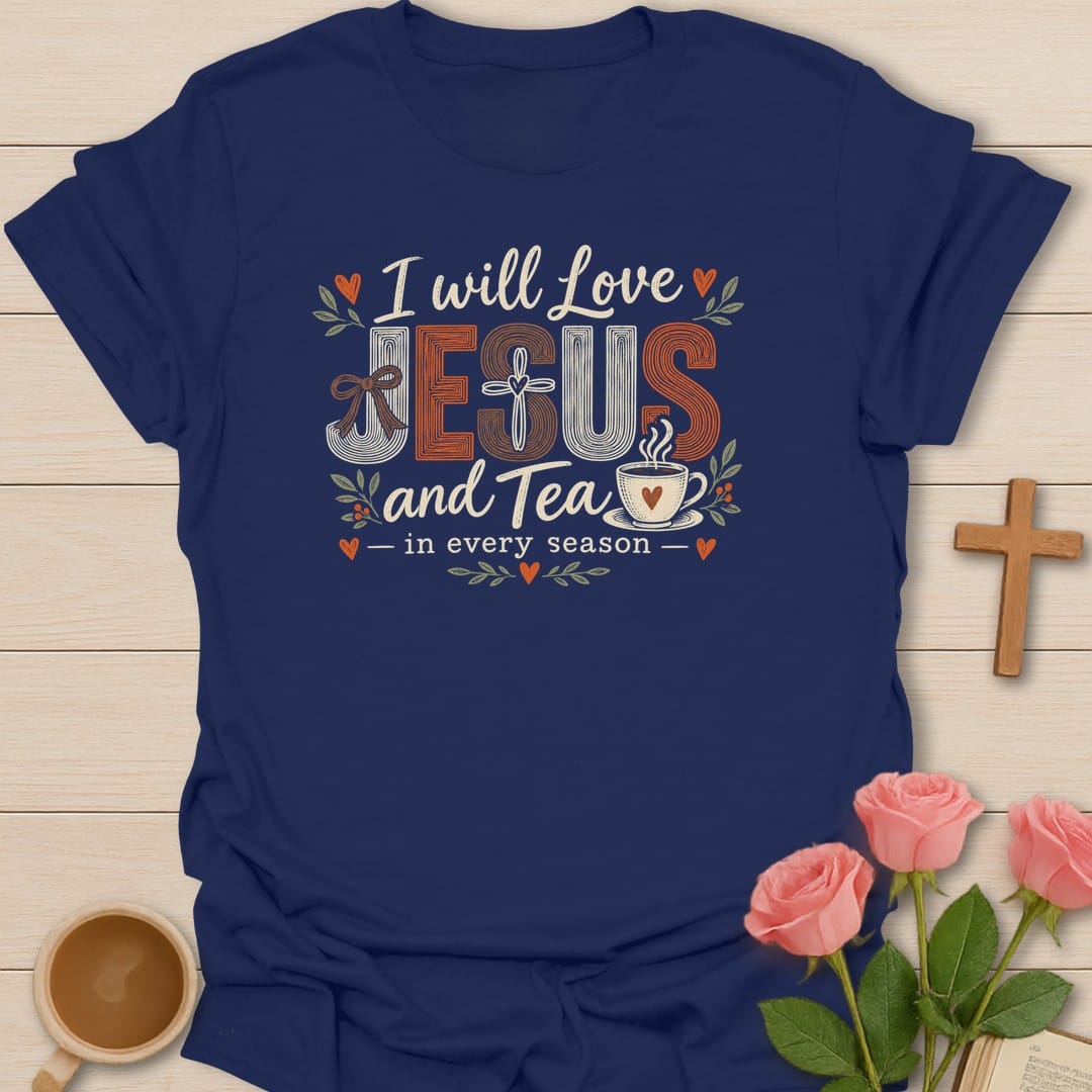 Every Season Grace t-shirt with seasonal lettering and grace-themed faith design - Navy