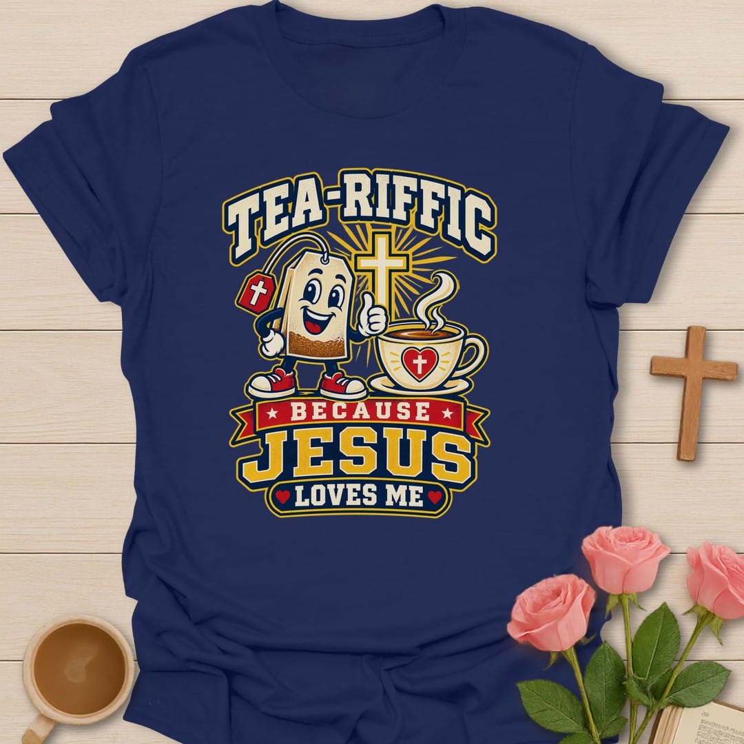 Tea-Riffic Faith t-shirt with punny tea lettering and faith design - Navy