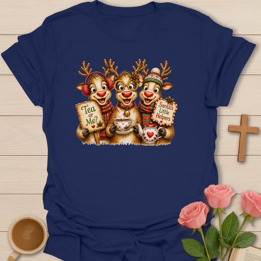 Santa's Little Helpers t-shirt with playful Christmas artwork and faith-inspired design - Navy