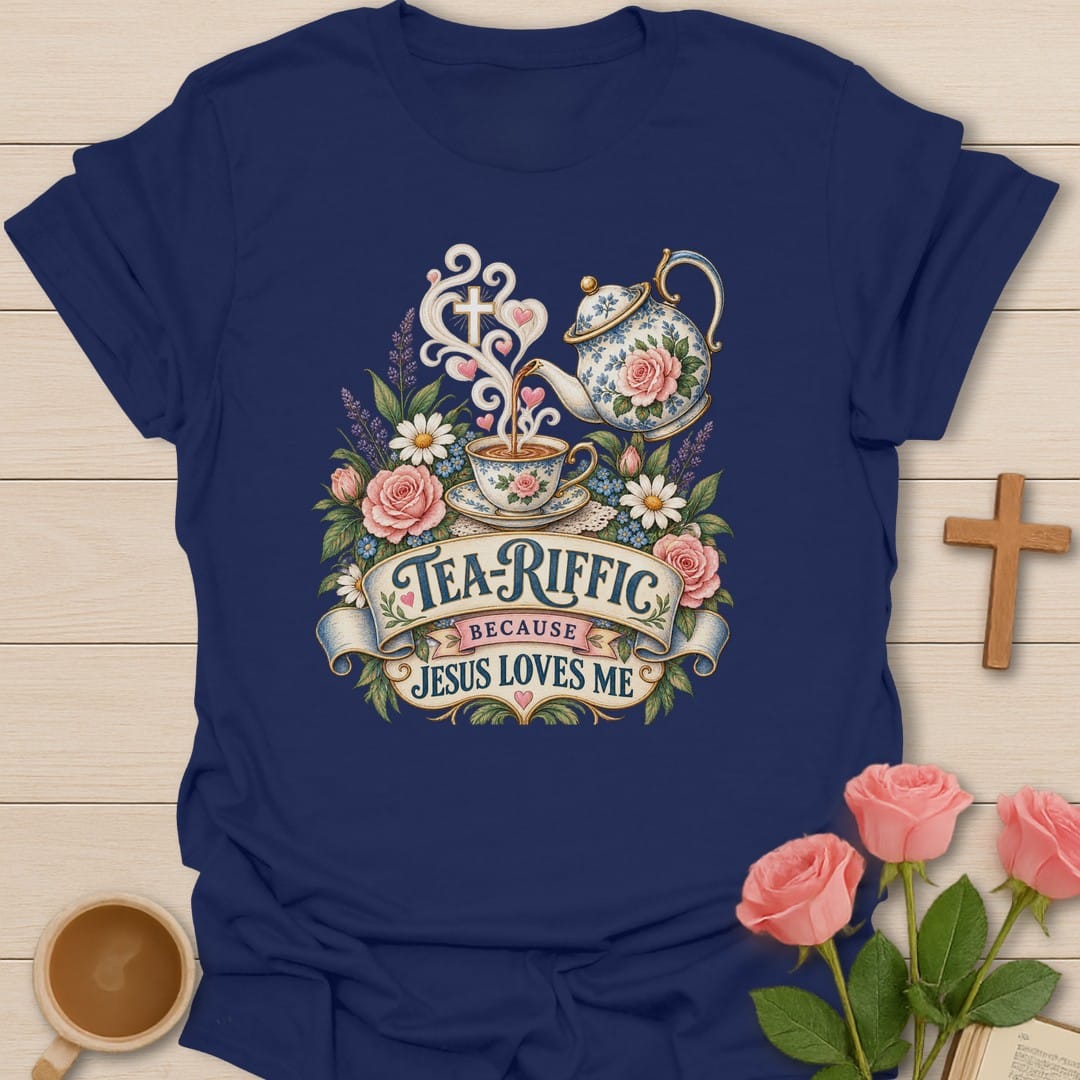 Tea-Riffic t-shirt with playful tea pun lettering and cheerful design - Navy