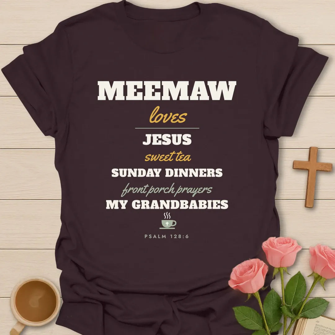 Neemaw Loves Christian t-shirt with faith-inspired lettering and design - Dark Chocolate