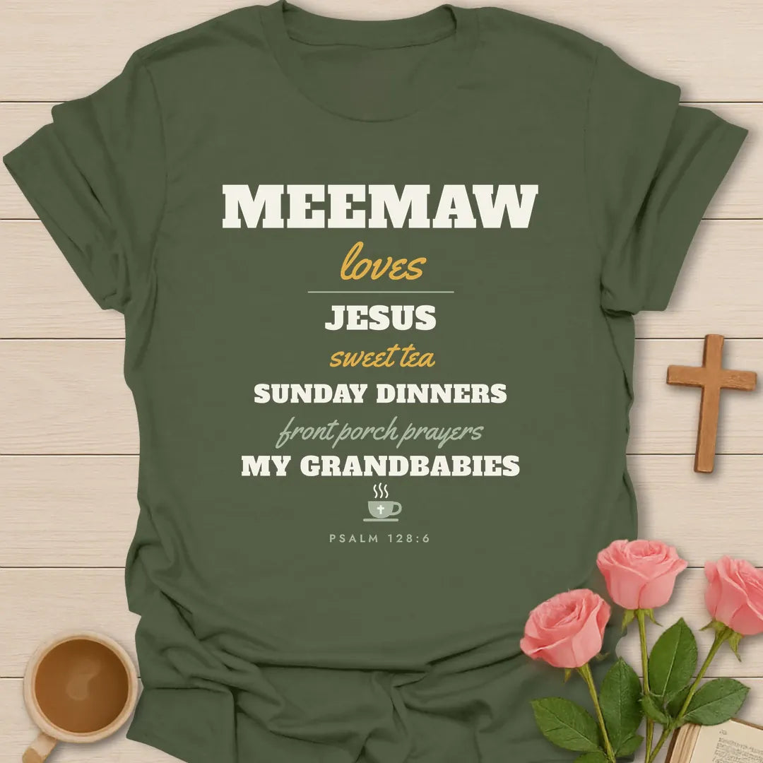 Neemaw Loves Christian t-shirt with faith-inspired lettering and design - Military Green