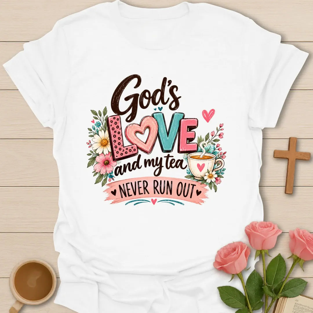 Never Runs Out Christian t-shirt with tea and faith-inspired lettering - White