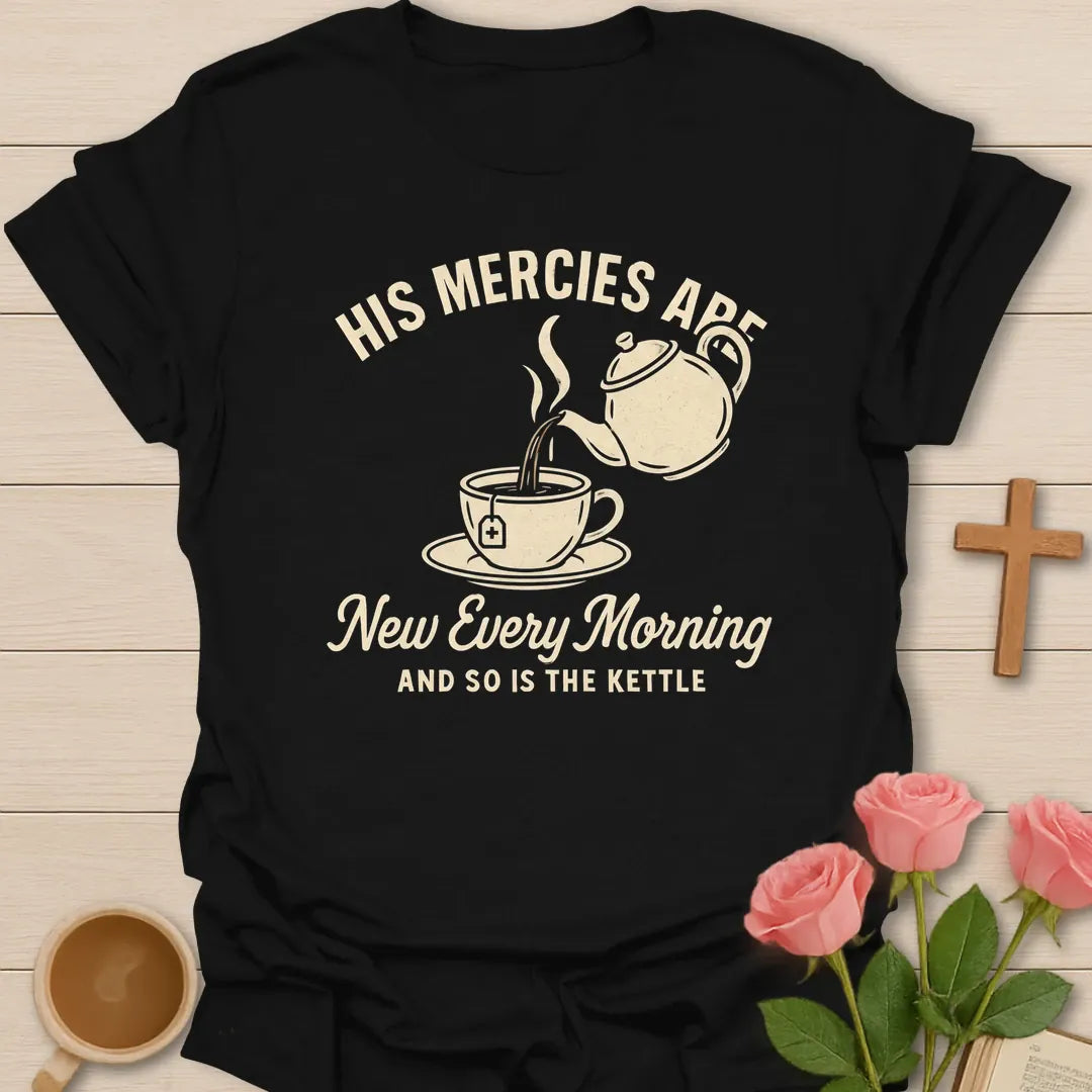 New Mercies Every Morning shirt with sunrise, cross, and cream vintage lettering. - Black