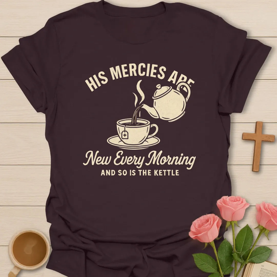 New Mercies Every Morning shirt with sunrise, cross, and cream vintage lettering. - Dark Chocolate