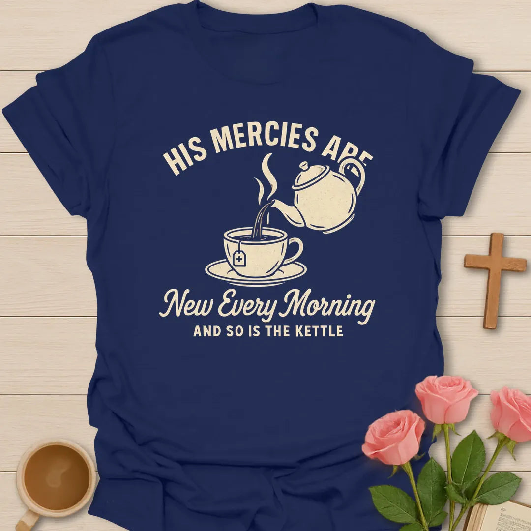 New Mercies Every Morning shirt with sunrise, cross, and cream vintage lettering. - Navy
