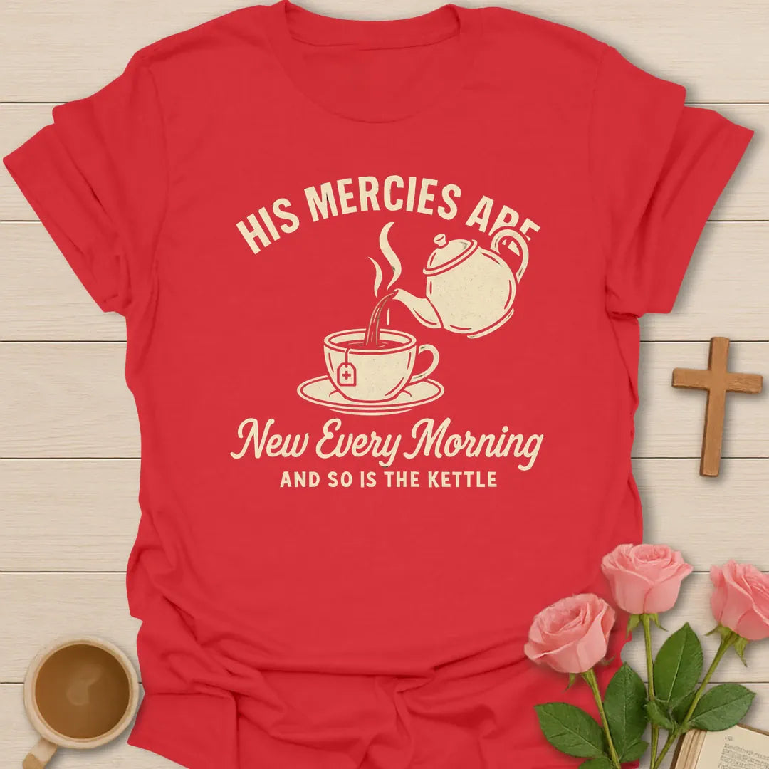 New Mercies Every Morning shirt with sunrise, cross, and cream vintage lettering. - Red
