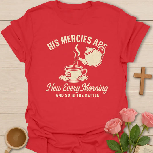 New Mercies Every Morning shirt with sunrise, cross, and cream vintage lettering. - Red