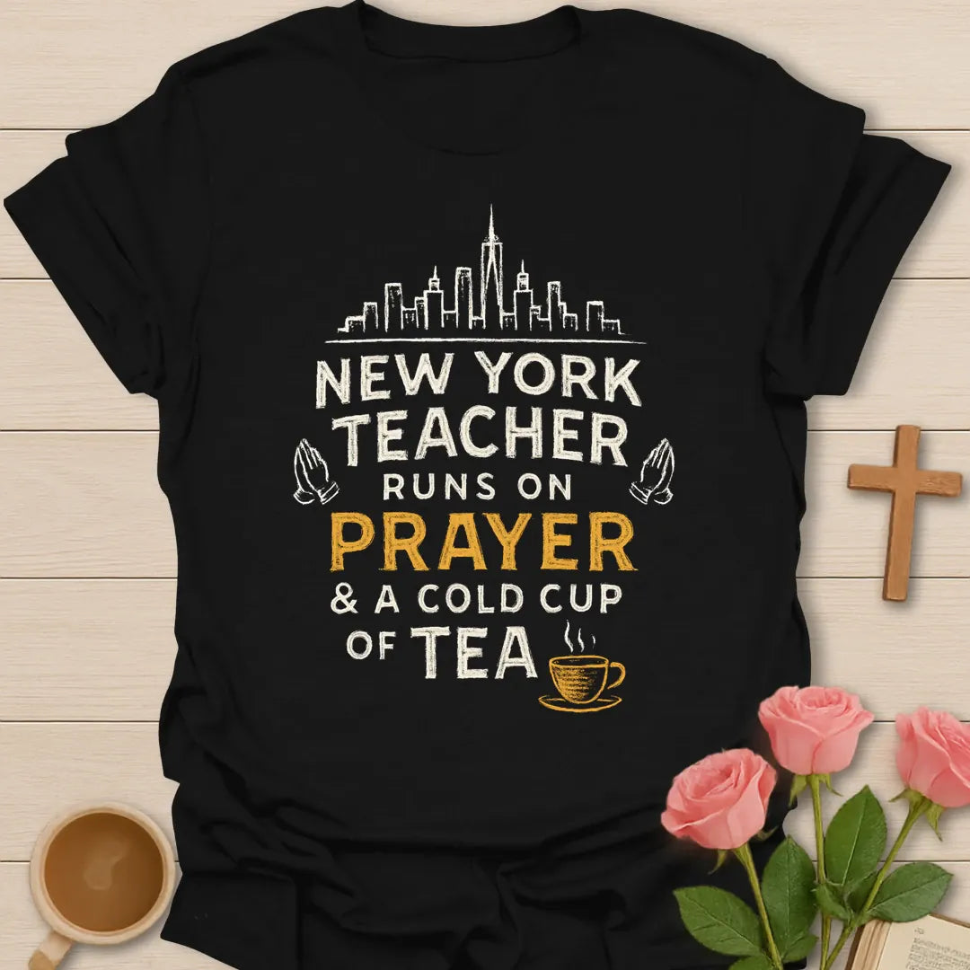 New York Teacher Runs On Prayer shirt with skyline, praying hands, distressed cream lettering, gold prayer text, and small teacup. - Black
