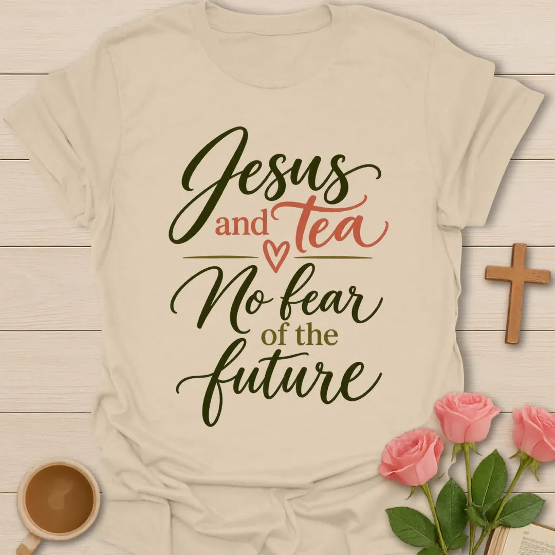No Fear Christian shirt with 2 Timothy 1:7 verse and faith-inspired design. - Sand