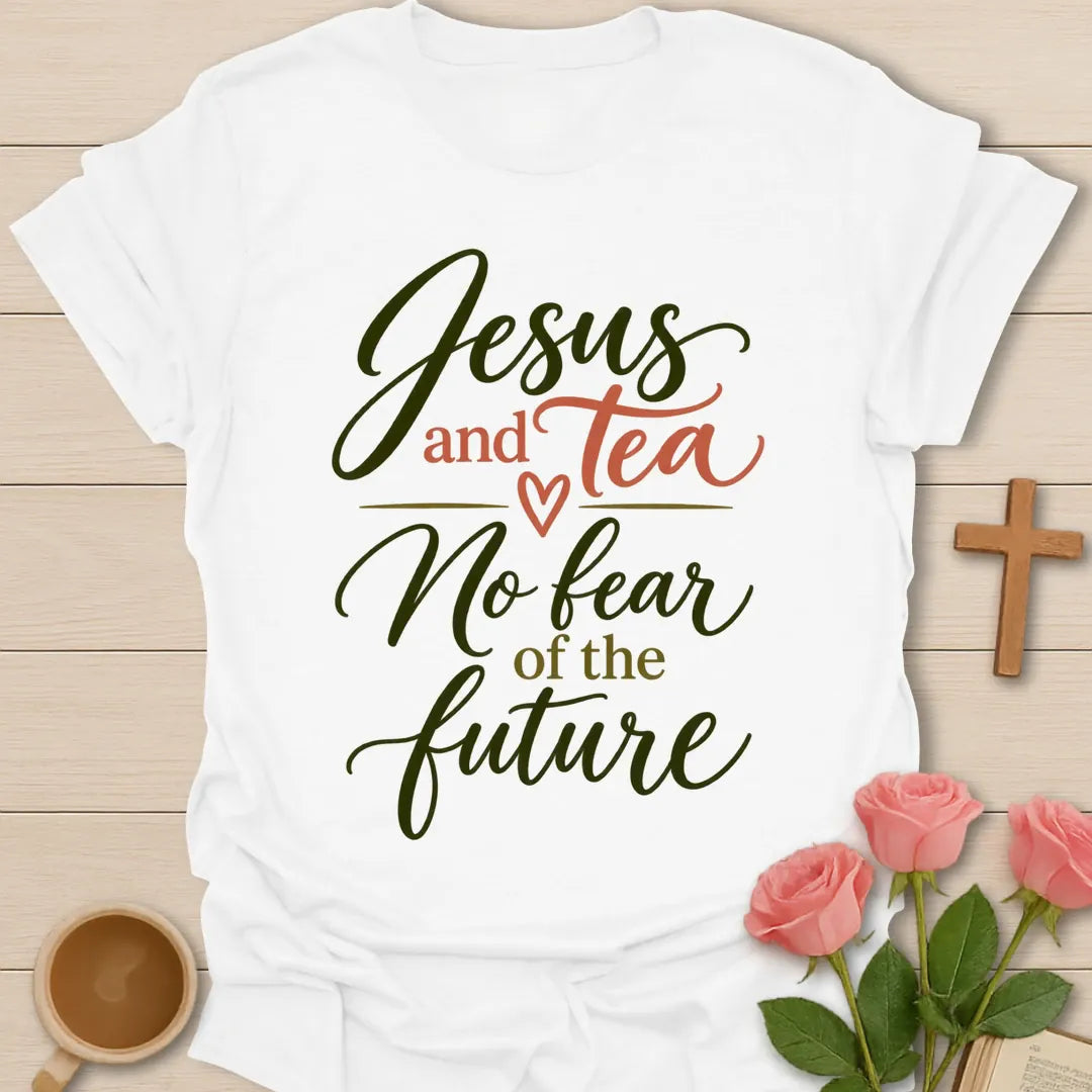No Fear Christian shirt with 2 Timothy 1:7 verse and faith-inspired design. - White
