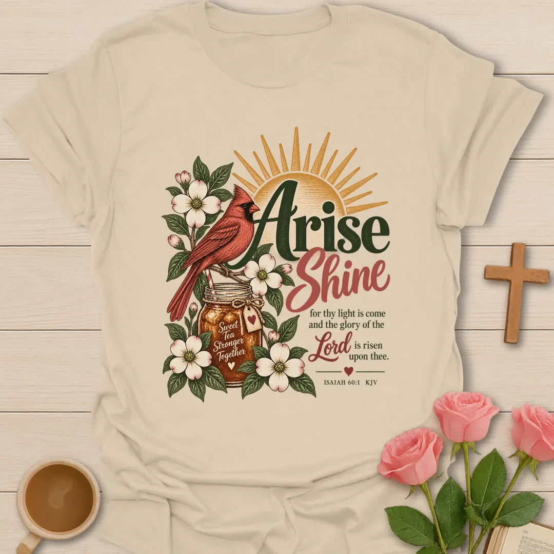 Northern Cardinal Christian tea t-shirt with bird artwork and faith-inspired design. - Sand