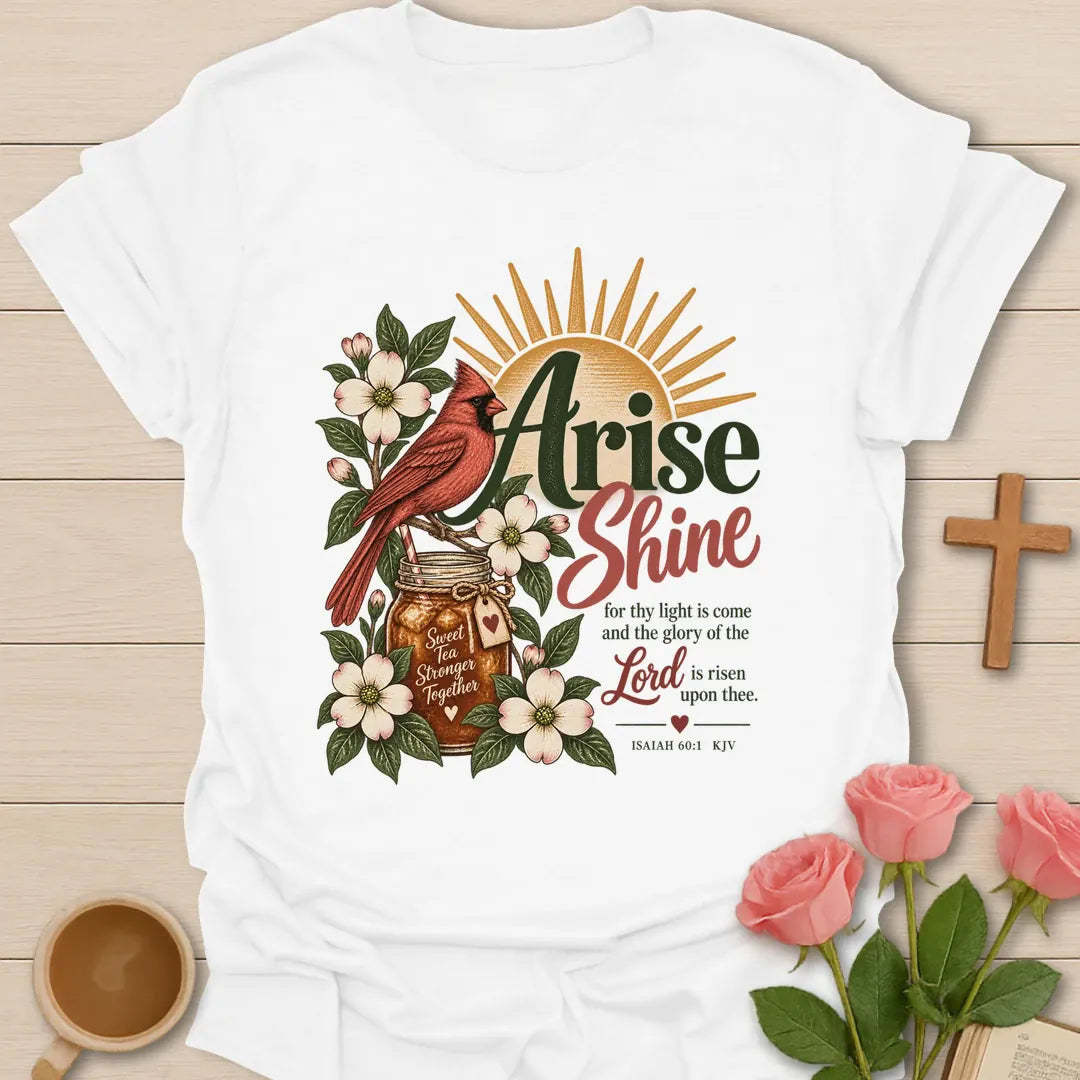 Northern Cardinal Christian tea t-shirt with bird artwork and faith-inspired design. - White