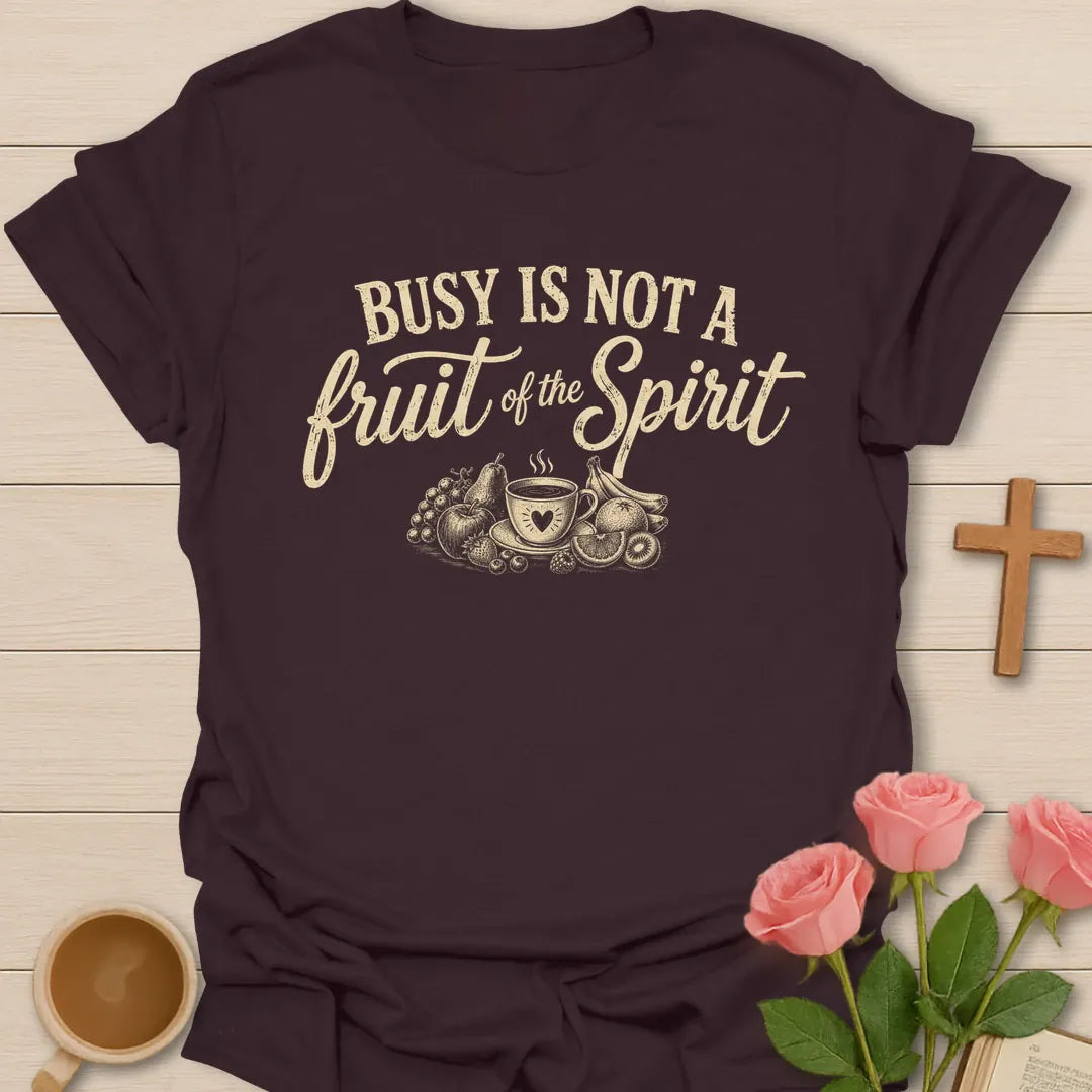 Not a Fruit of the Spirit shirt with cream vintage lettering and playful faith-inspired design. - Dark Chocolate