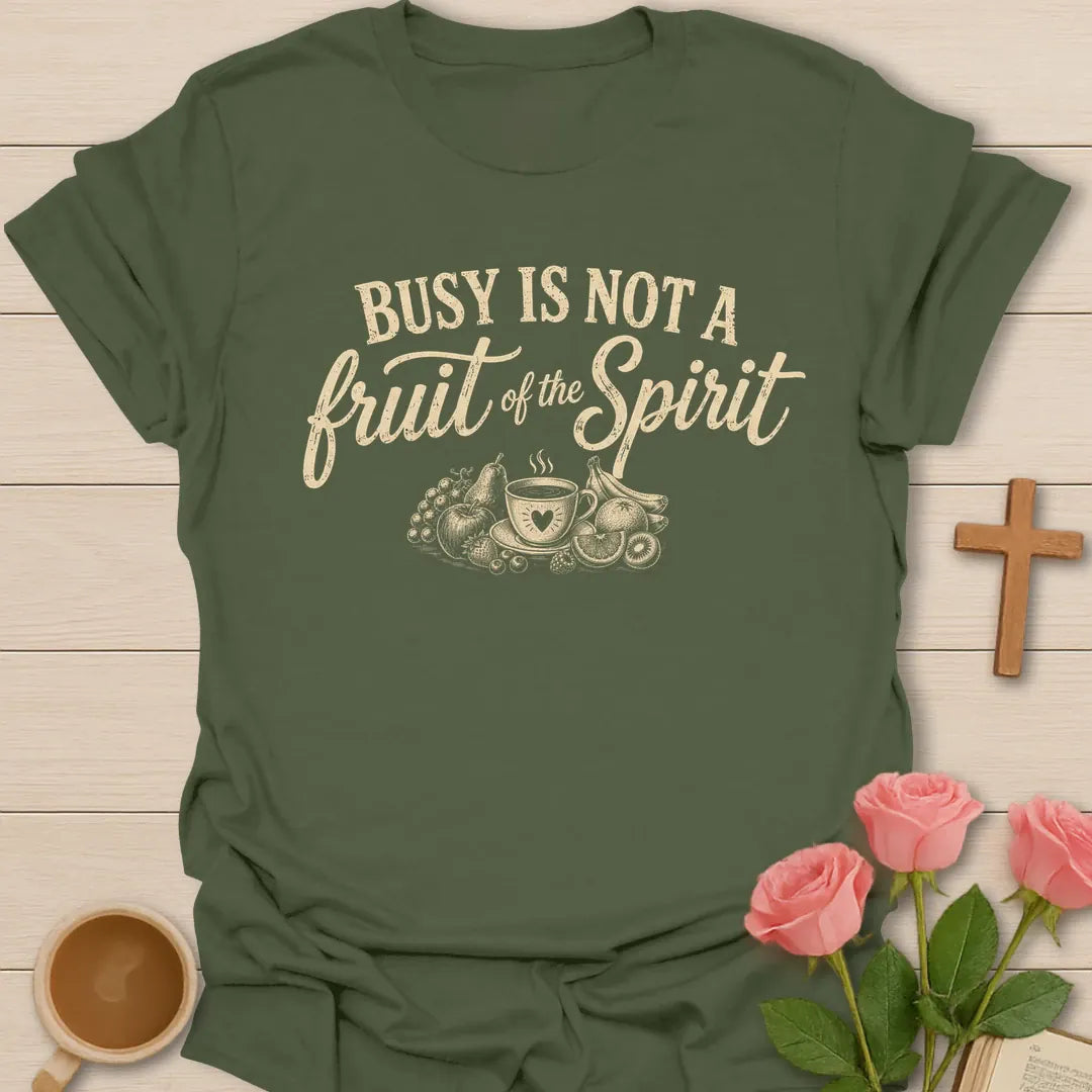 Not a Fruit of the Spirit shirt with cream vintage lettering and playful faith-inspired design. - Military Green