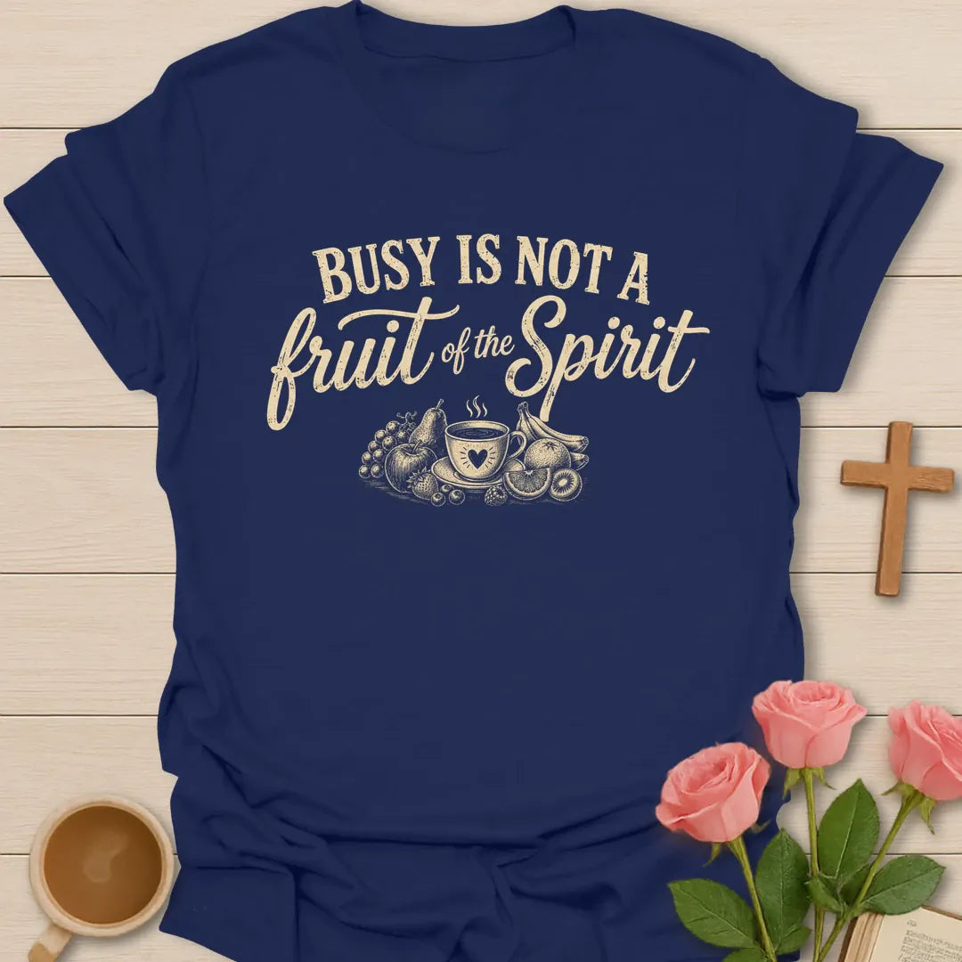 Not a Fruit of the Spirit shirt with cream vintage lettering and playful faith-inspired design. - Navy