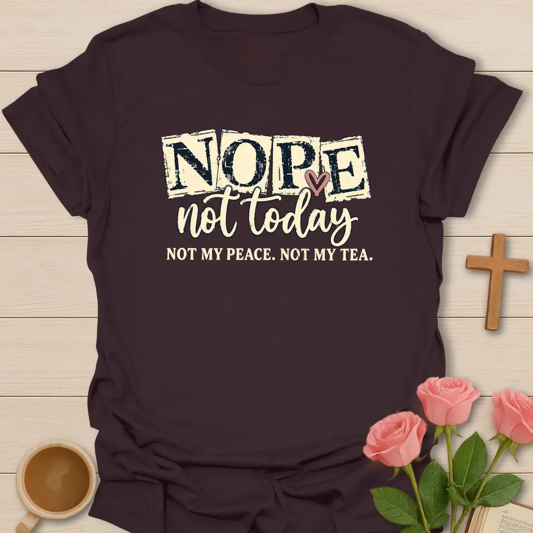Not Peace Not Tea t-shirt with faith-inspired peace and tea lettering - Dark Chocolate