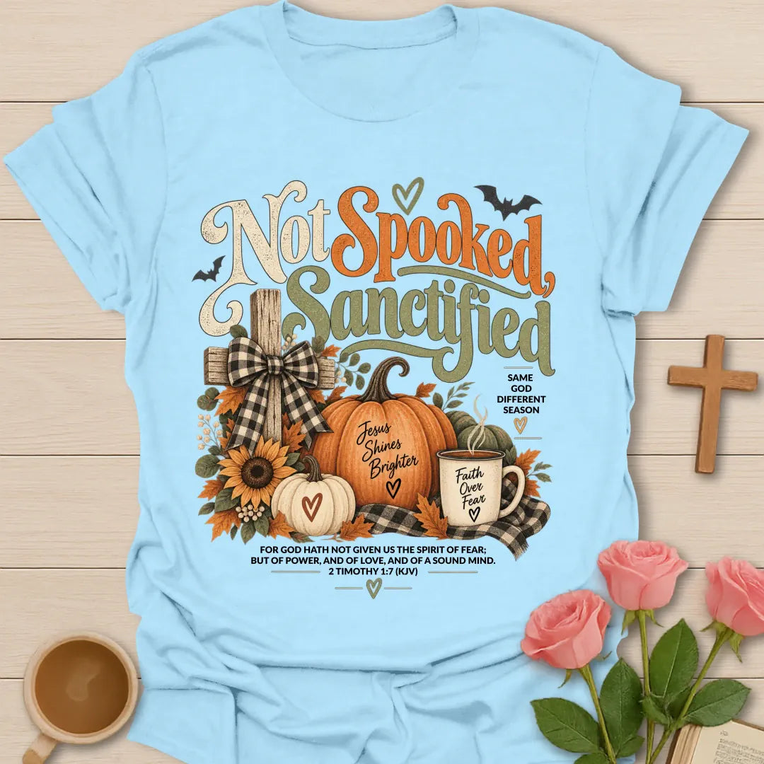 Not Spooked T-Shirt with playful fall lettering and faith-inspired design. - Light Blue