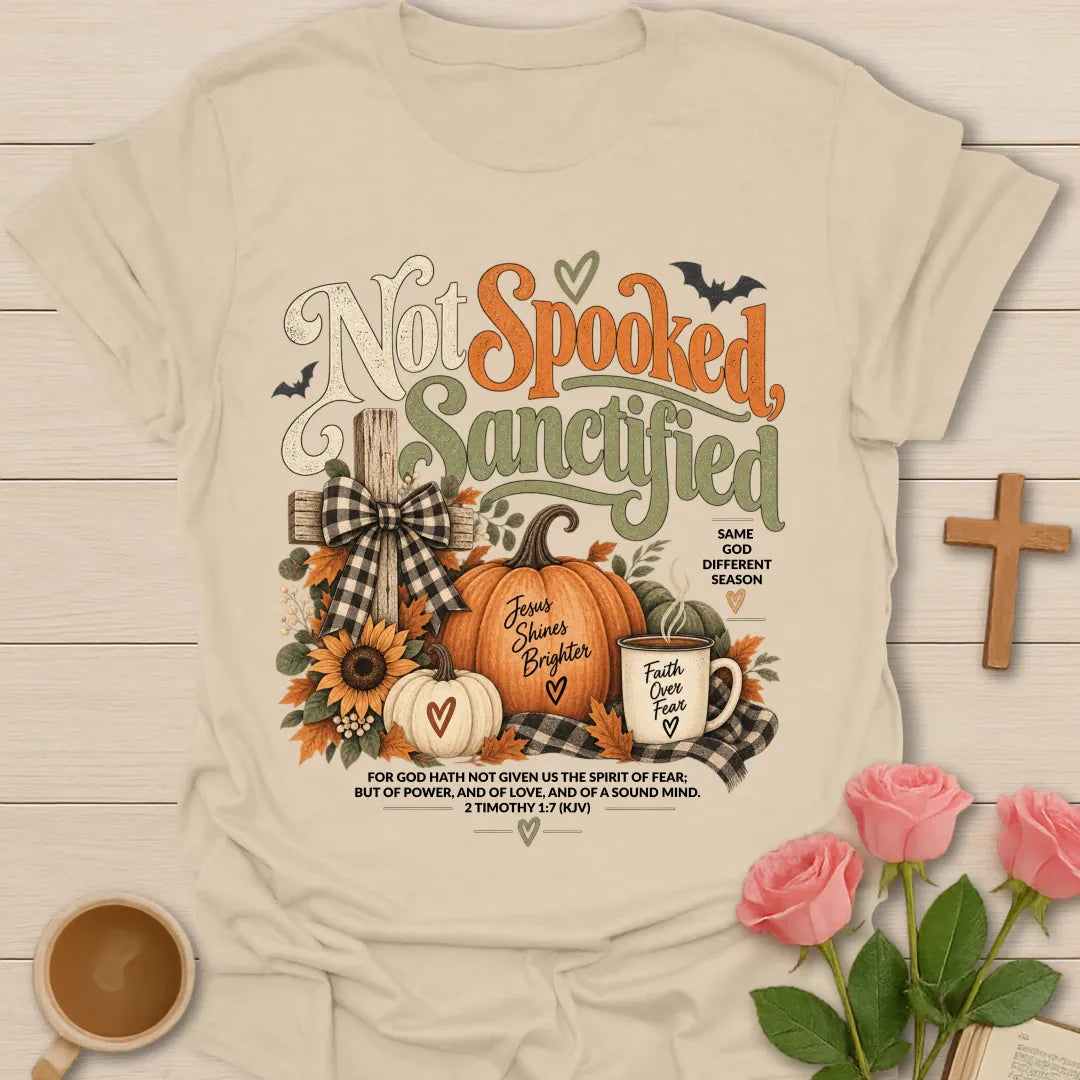 Not Spooked T-Shirt with playful fall lettering and faith-inspired design. - Sand