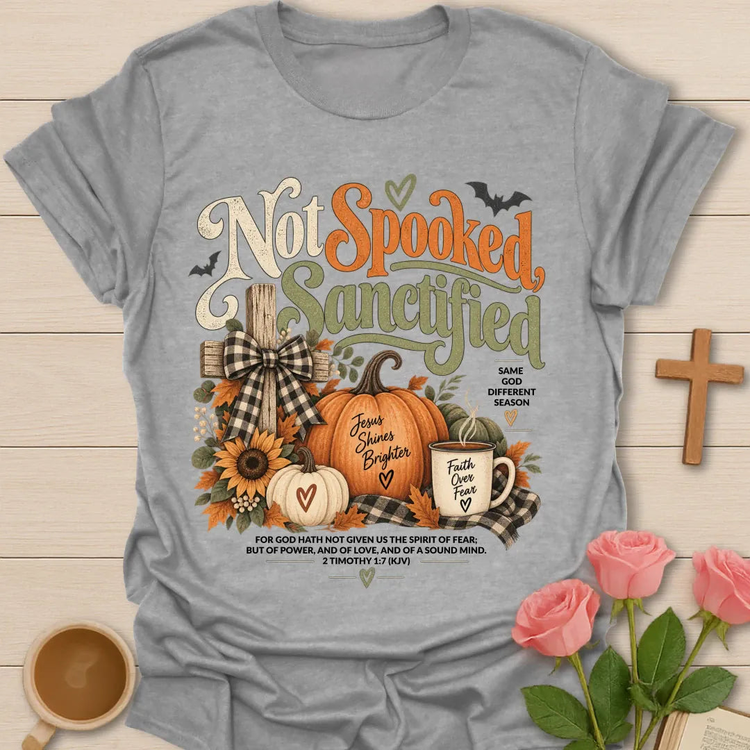 Not Spooked T-Shirt with playful fall lettering and faith-inspired design. - Sport Grey
