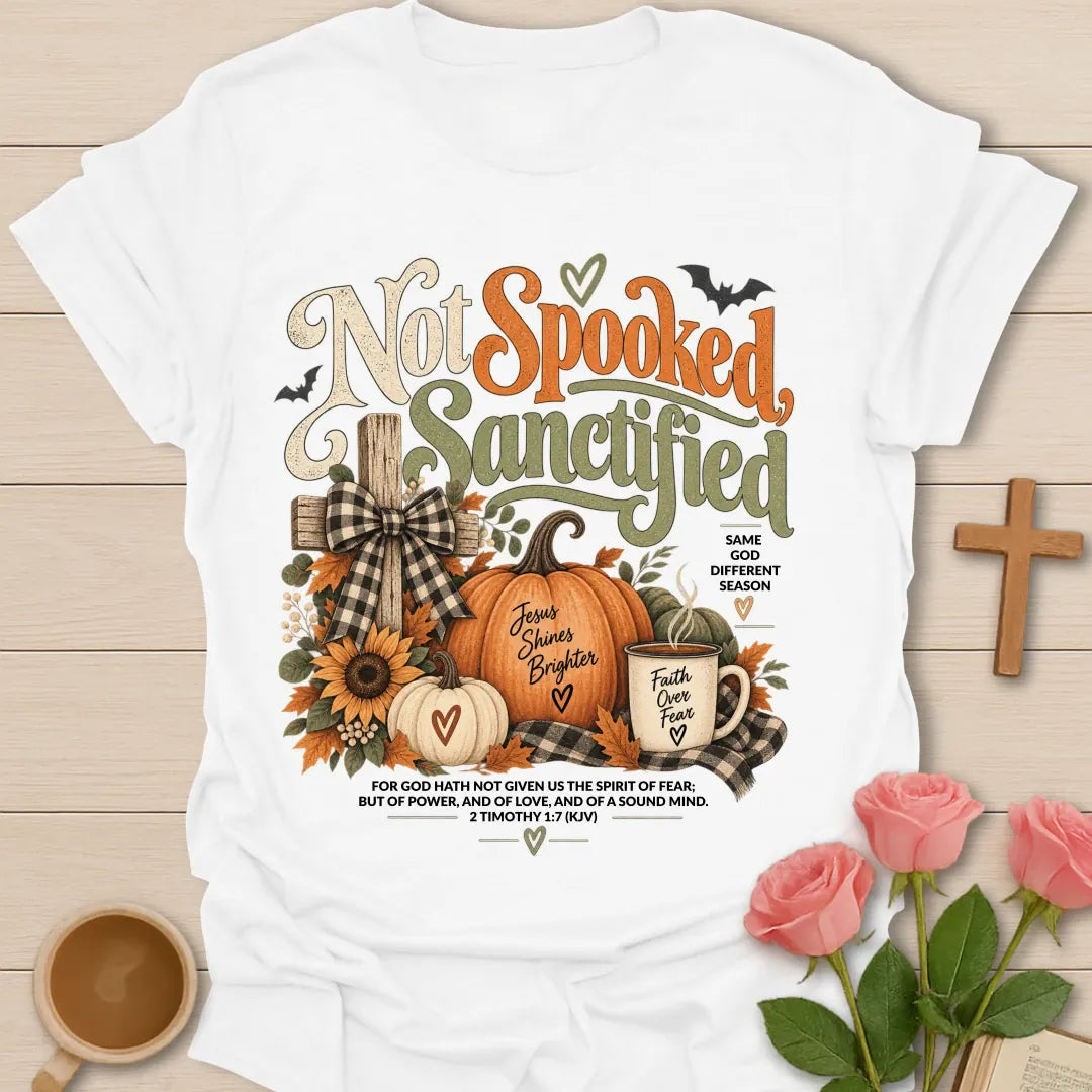 Not Spooked T-Shirt with playful fall lettering and faith-inspired design. - White