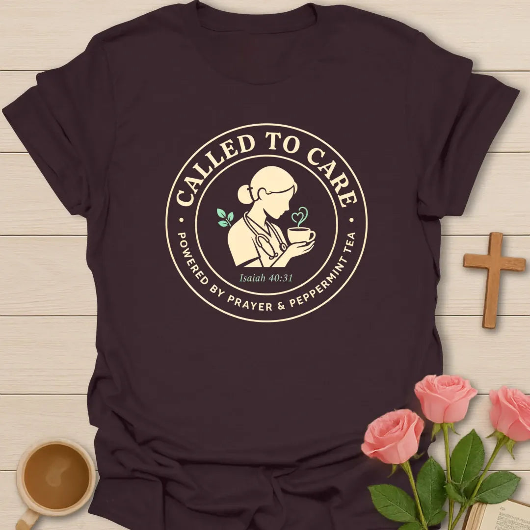 Nurse Called To Care shirt with cross, heartbeat, teacup, and faith-inspired design. - Dark Chocolate