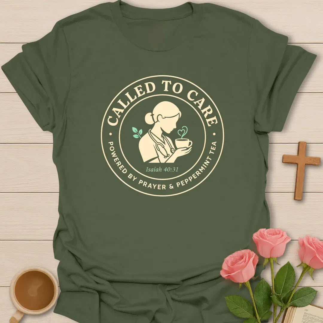 Nurse Called To Care shirt with cross, heartbeat, teacup, and faith-inspired design. - Military Green