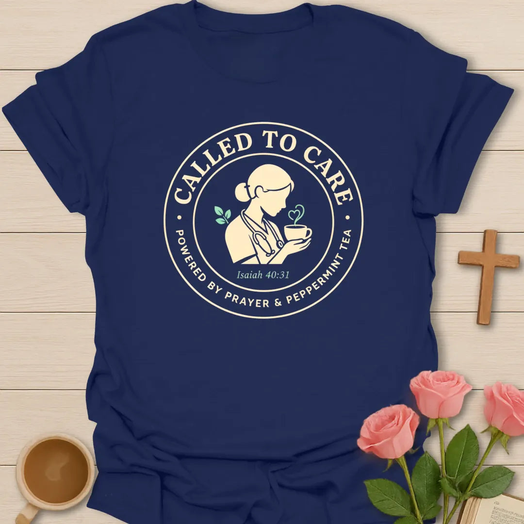 Nurse Called To Care shirt with cross, heartbeat, teacup, and faith-inspired design. - Navy