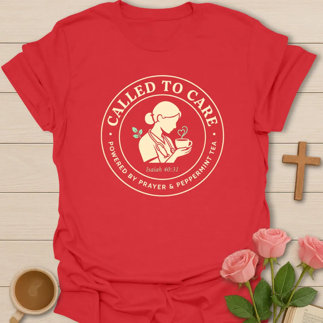 Nurse Called To Care shirt with cross, heartbeat, teacup, and faith-inspired design. - Red