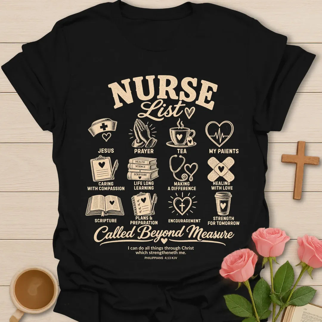 Nurse List Christian t-shirt with list-style lettering and faith-inspired design - Black