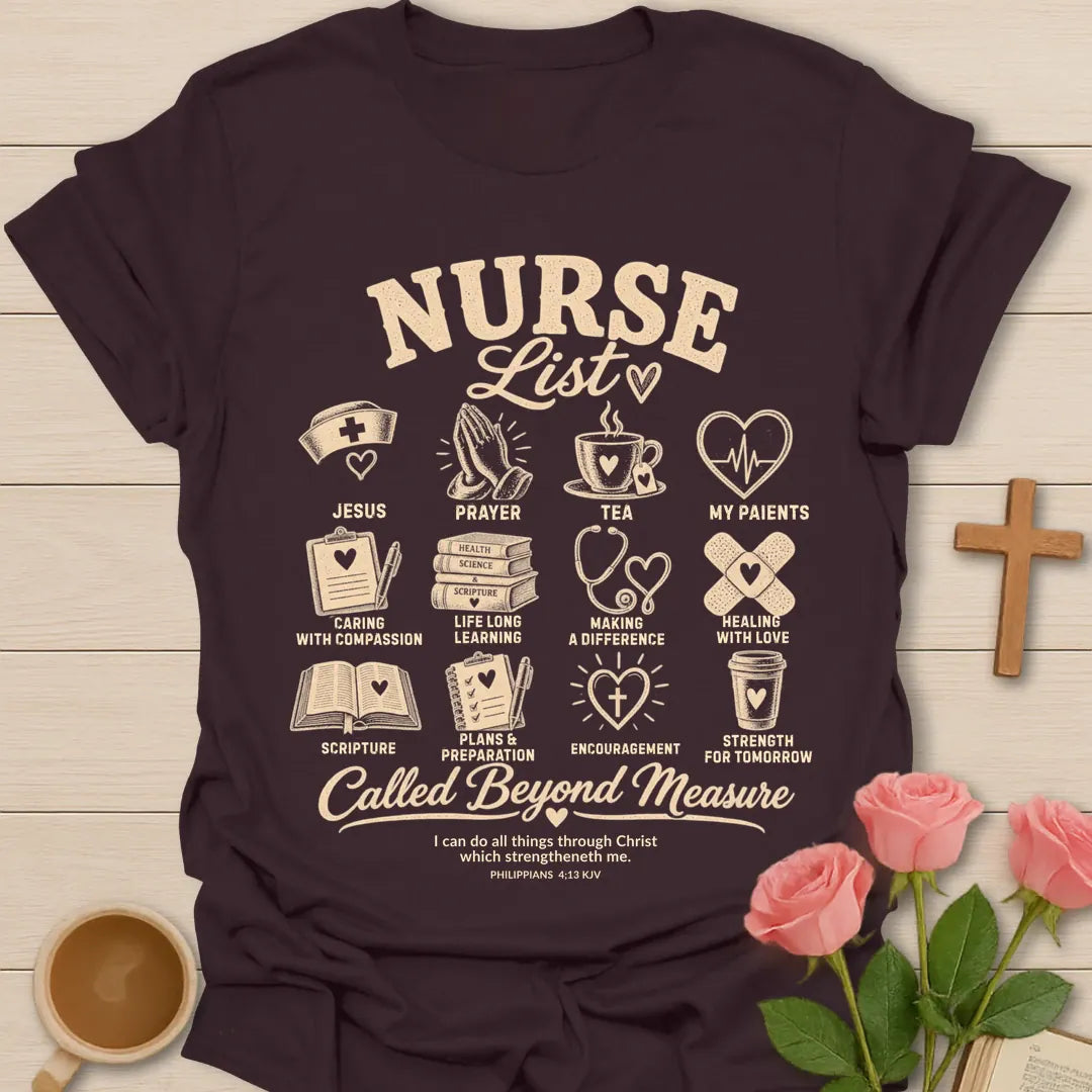 Nurse List Christian t-shirt with list-style lettering and faith-inspired design - Dark Chocolate