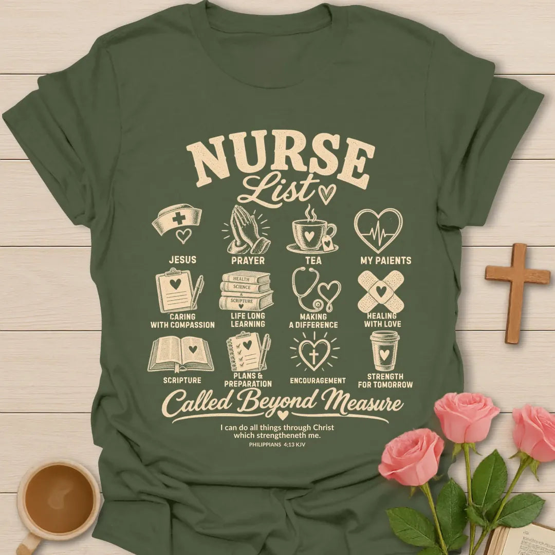 Nurse List Christian t-shirt with list-style lettering and faith-inspired design - Military Green