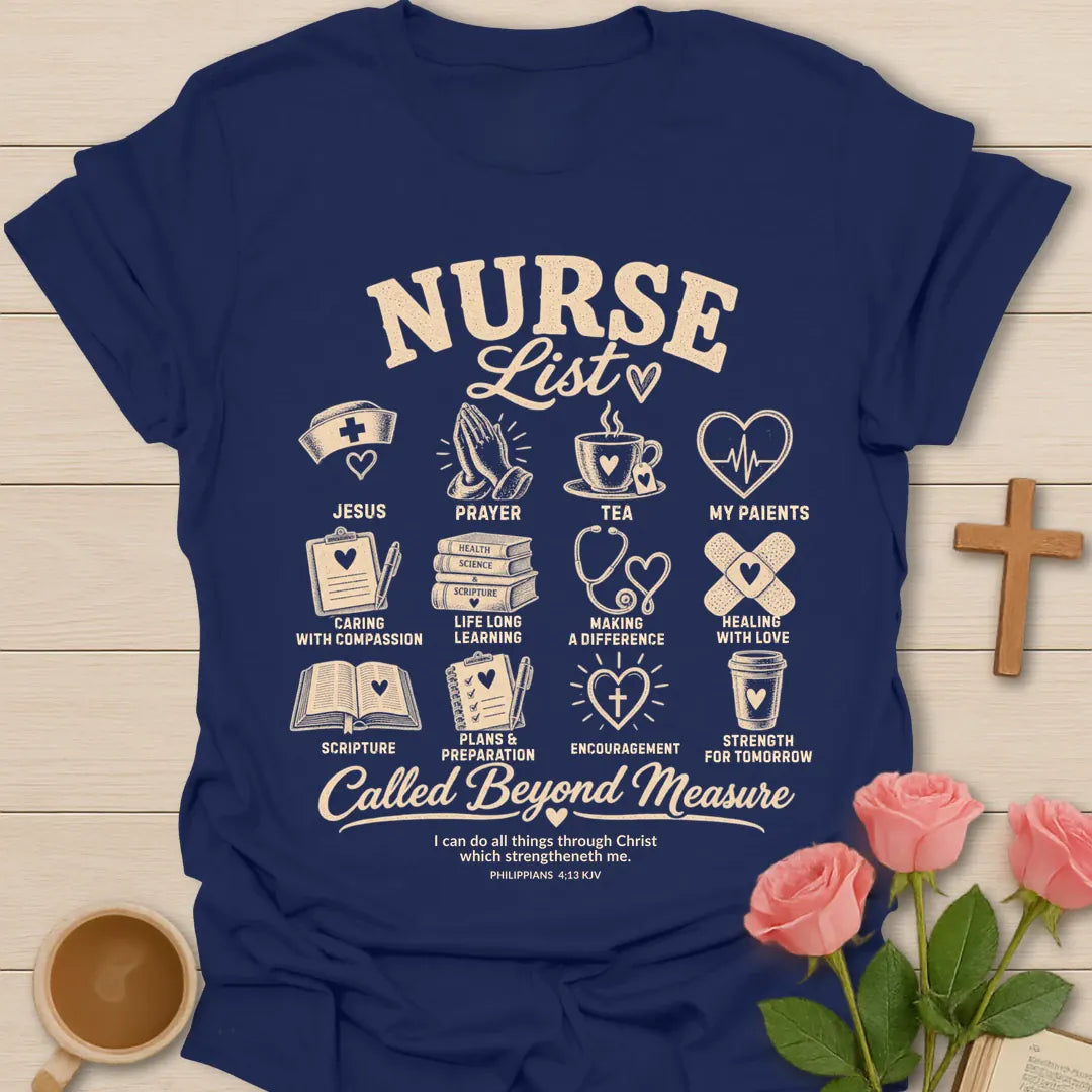 Nurse List Christian t-shirt with list-style lettering and faith-inspired design - Navy