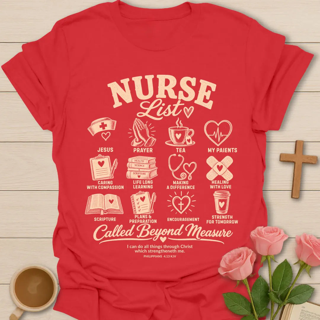 Nurse List Christian t-shirt with list-style lettering and faith-inspired design - Red