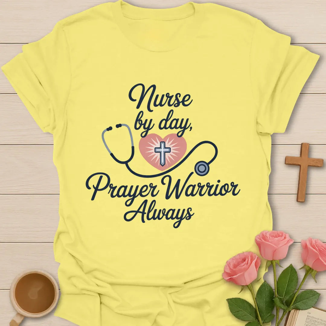 Nurse Pray Worrier Christian t-shirt with playful lettering and faith design - Cornsilk