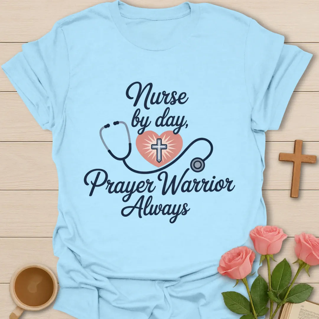 Nurse Pray Worrier Christian t-shirt with playful lettering and faith design - Light Blue