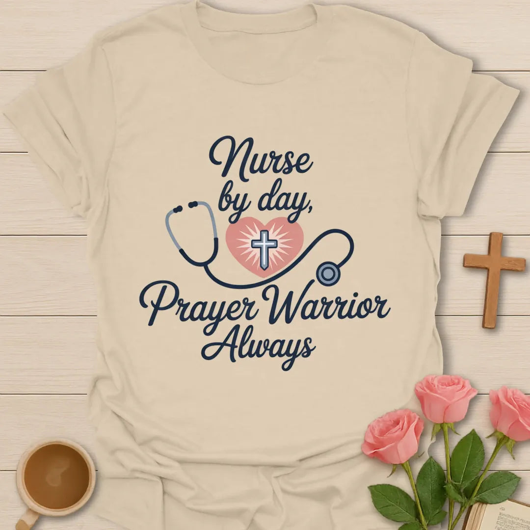 Nurse Pray Worrier Christian t-shirt with playful lettering and faith design - Sand