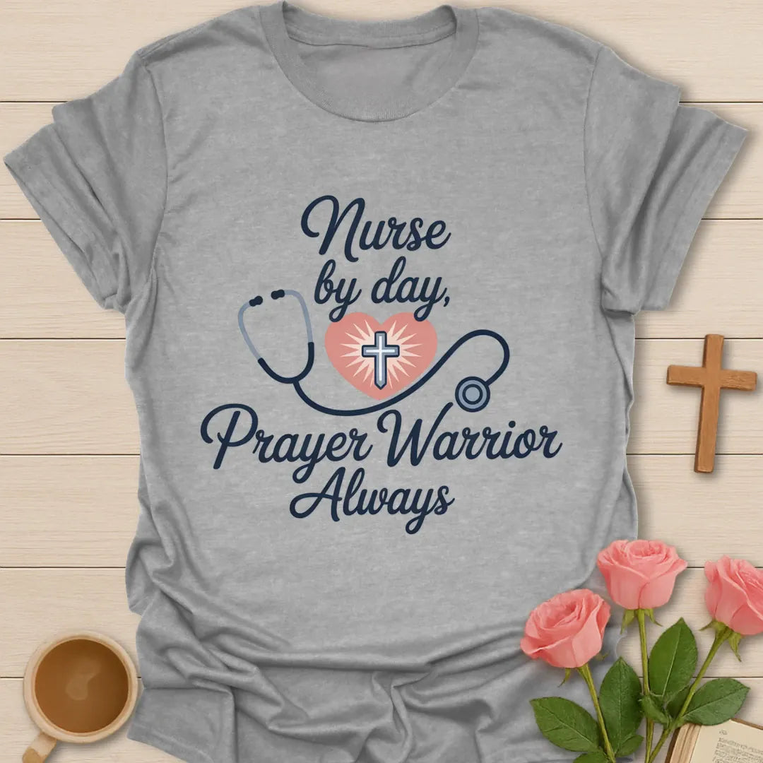 Nurse Pray Worrier Christian t-shirt with playful lettering and faith design - Sport Grey