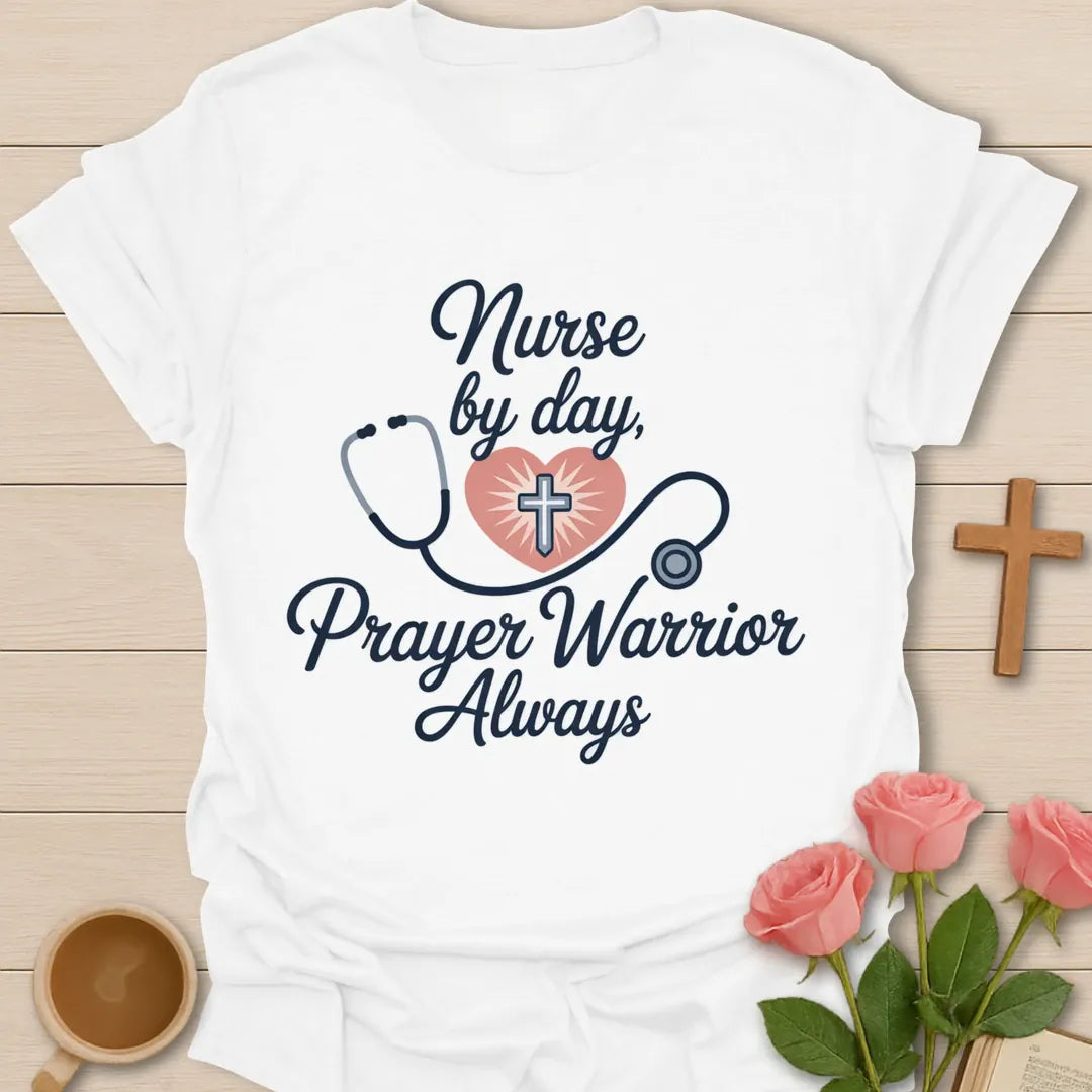 Nurse Pray Worrier Christian t-shirt with playful lettering and faith design - White