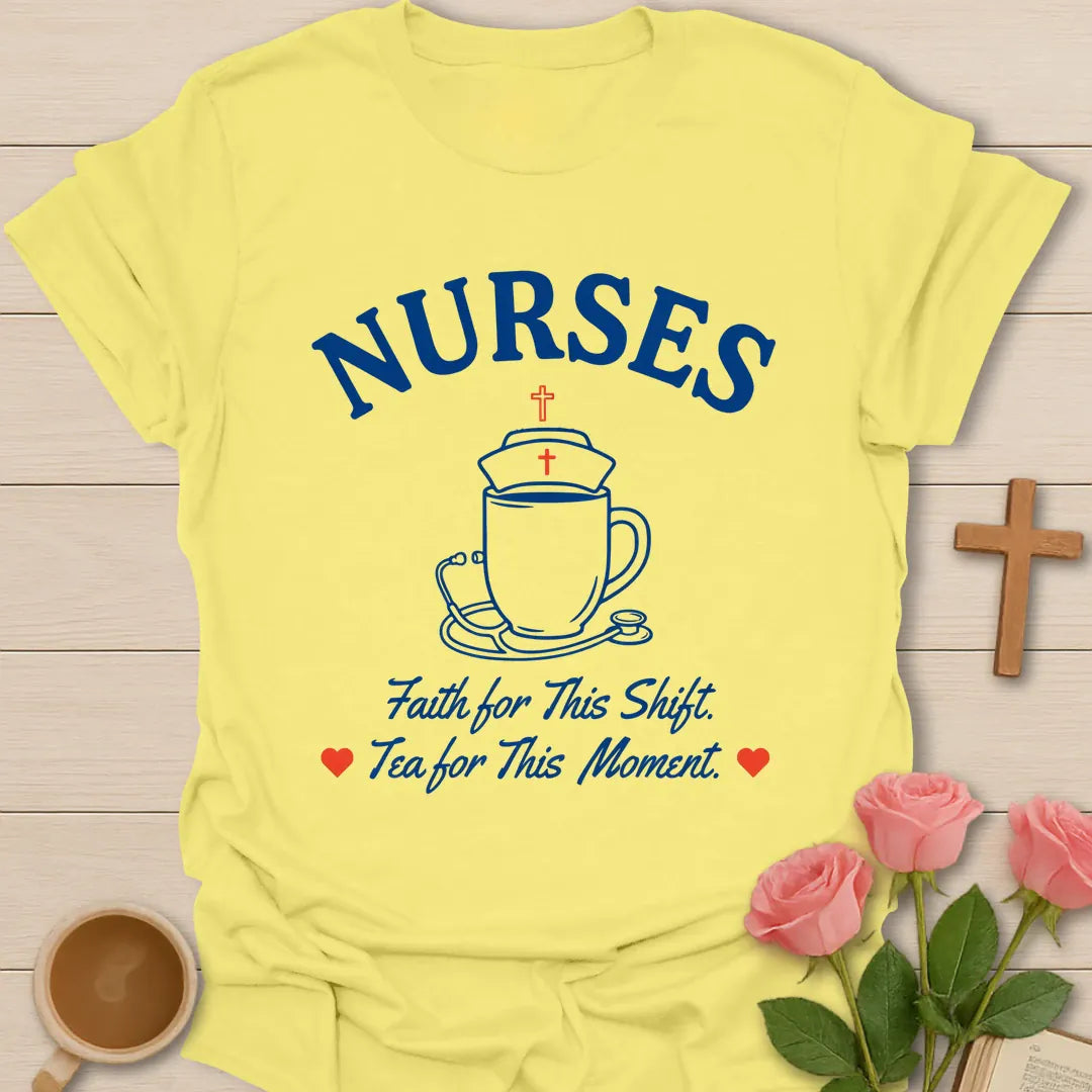 Nurse Tea Moment Christian tea shirt with faith-inspired lettering design - Cornsilk