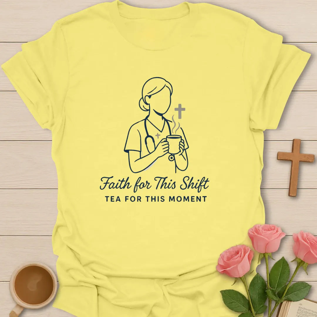 Nurses Faith Christian tea shirt with faith-inspired lettering design - Cornsilk
