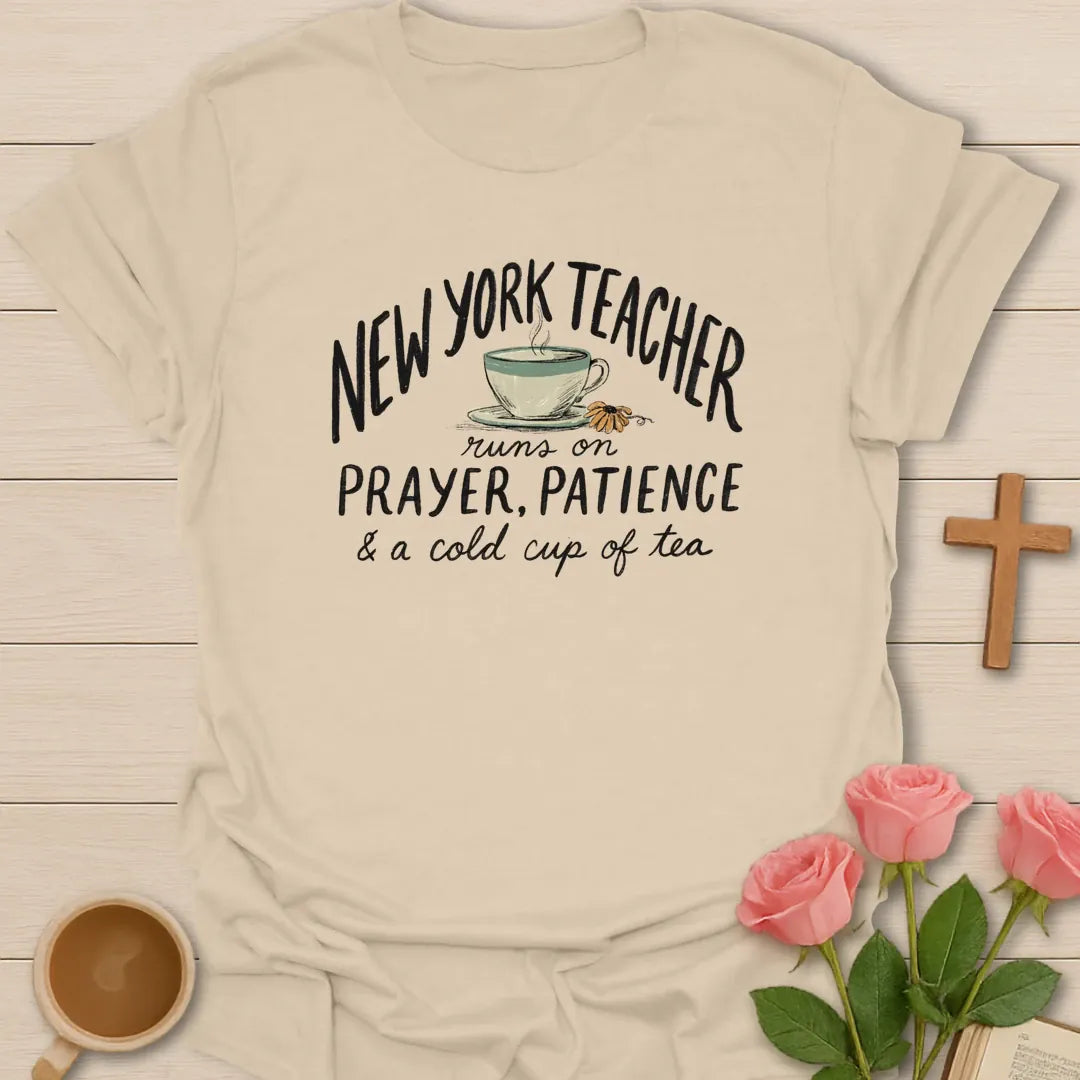 NY Teacher Runs On Prayer Patience and Cold Tea shirt with teacup, sunflower accent, muted sage and black distressed lettering. - Sand