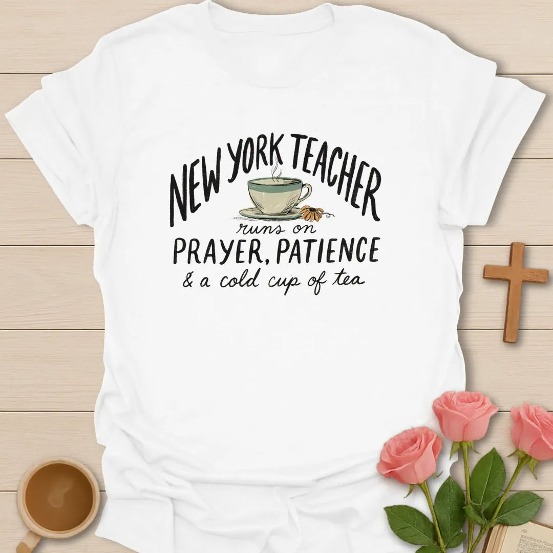 NY Teacher Runs On Prayer Patience and Cold Tea shirt with teacup, sunflower accent, muted sage and black distressed lettering. - White