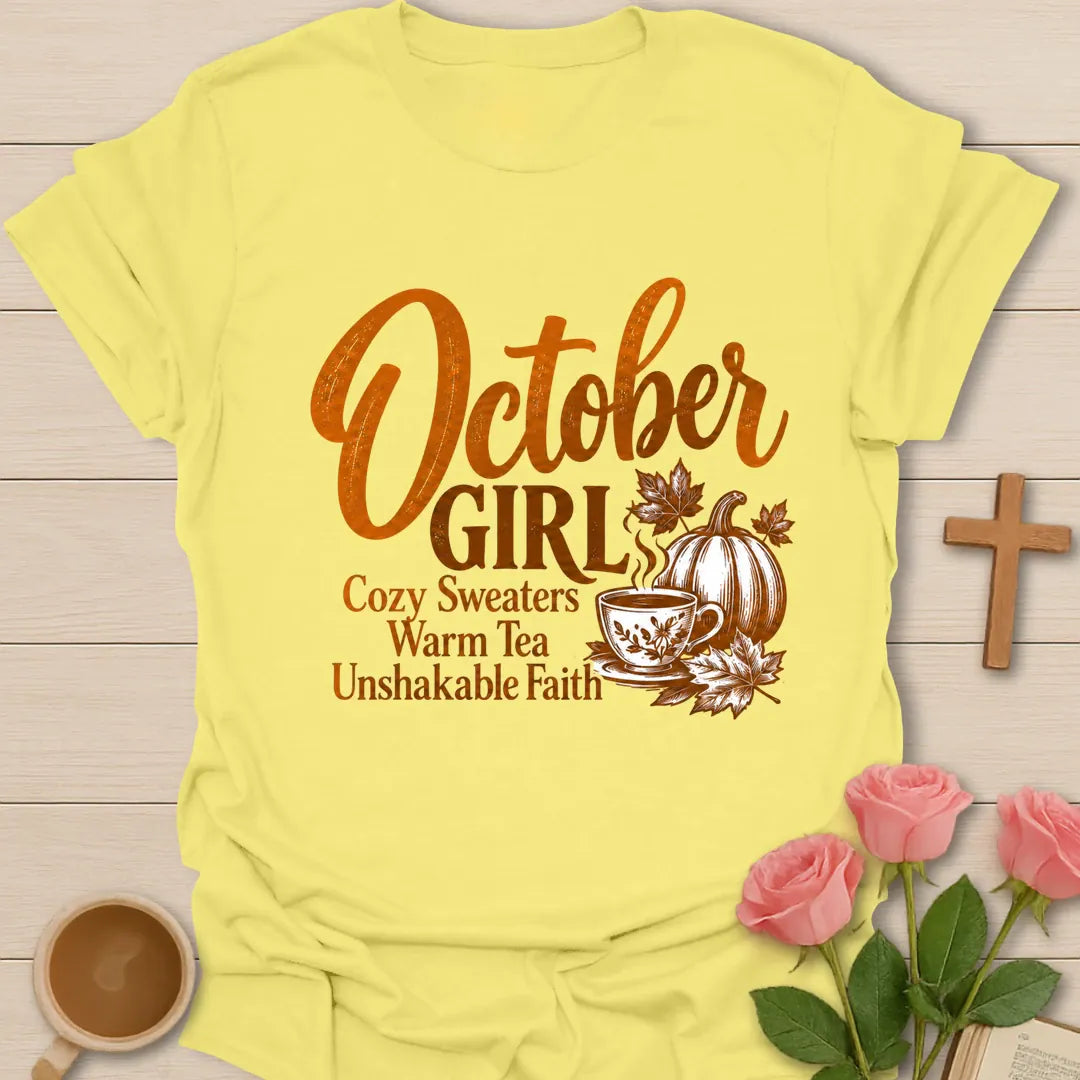 October Girl Cozy Sweaters Warm Tea Unshakable Faith t-shirt in engraved autumn style with a pumpkin, maple leaves and a steaming teacup - Cornsilk