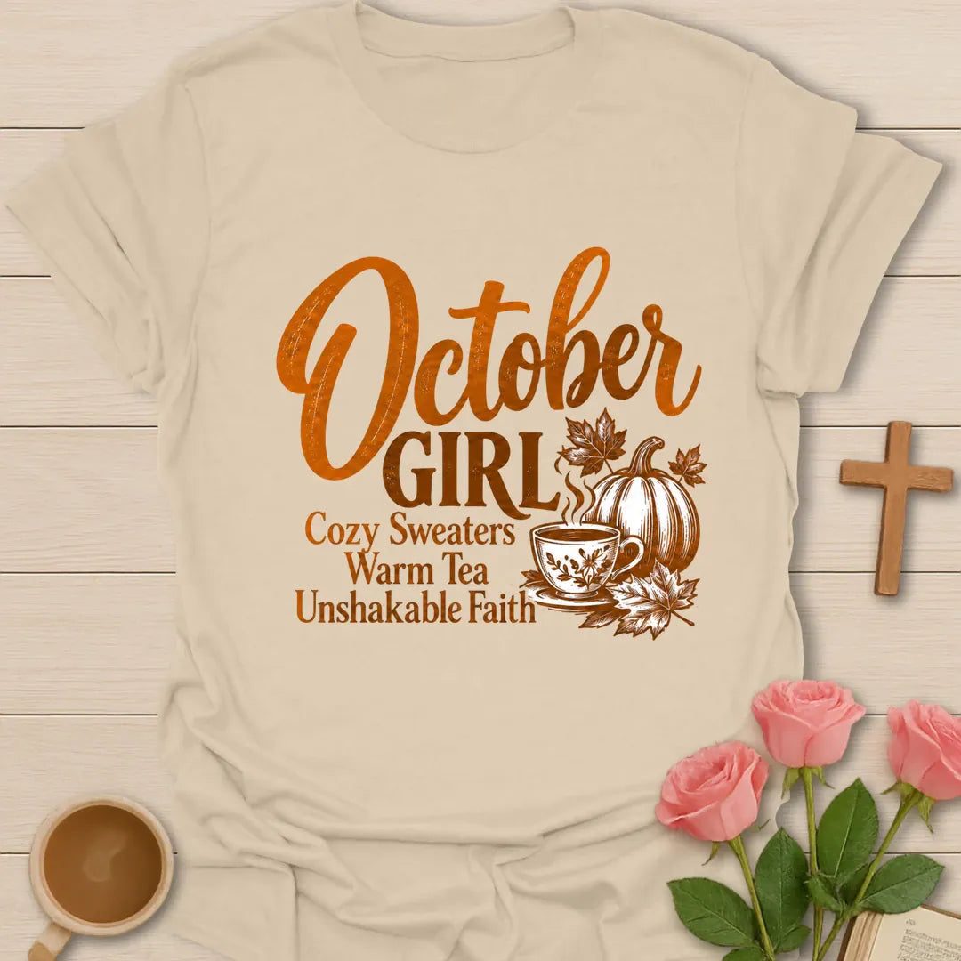 October Girl Cozy Sweaters Warm Tea Unshakable Faith t-shirt in engraved autumn style with a pumpkin, maple leaves and a steaming teacup - Sand