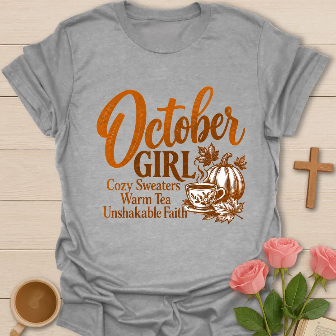 October Girl Cozy Sweaters Warm Tea Unshakable Faith t-shirt in engraved autumn style with a pumpkin, maple leaves and a steaming teacup - Sport Grey