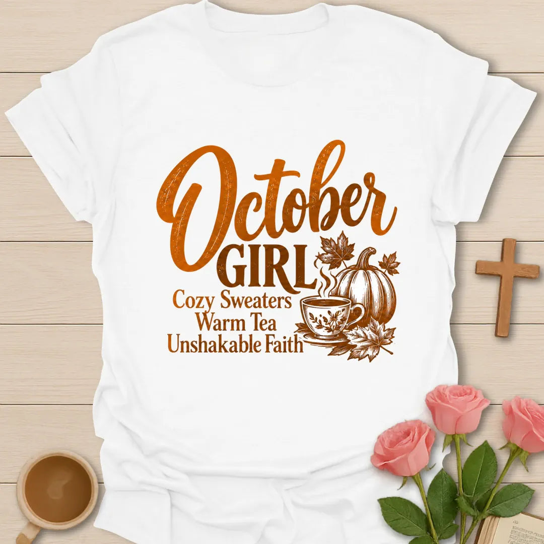 October Girl Cozy Sweaters Warm Tea Unshakable Faith t-shirt in engraved autumn style with a pumpkin, maple leaves and a steaming teacup - White