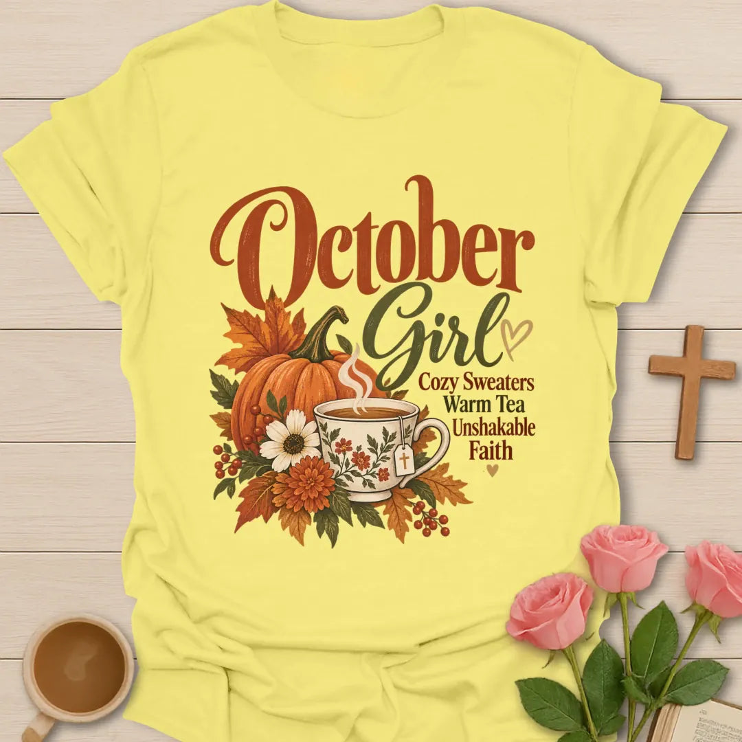 October Girl Cozy Sweaters Warm Tea Unshakable Faith t-shirt with a pumpkin, autumn leaves, flowers and a steaming floral teacup - Cornsilk